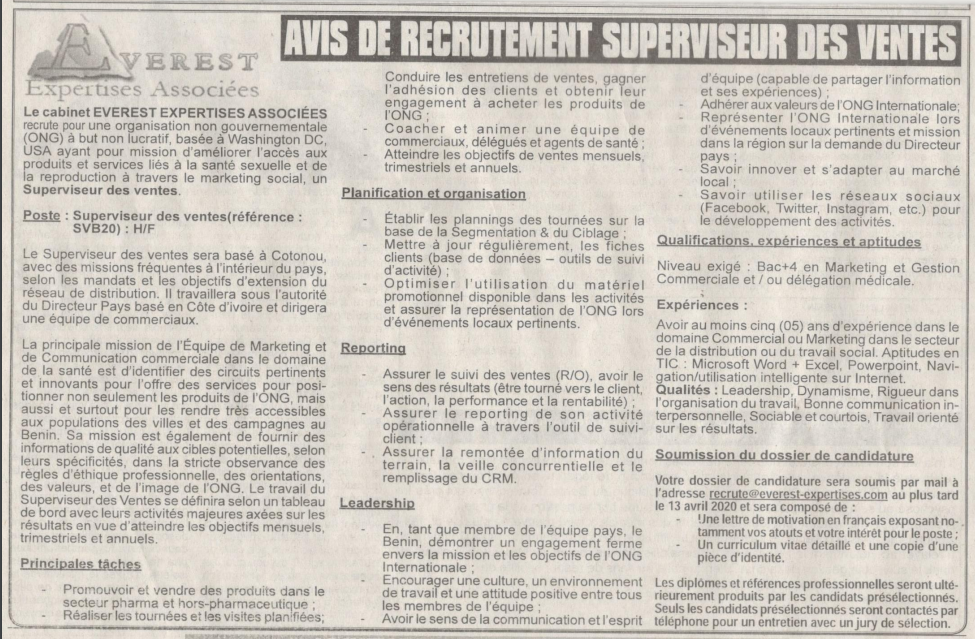 recrutement de superviseur des ventes